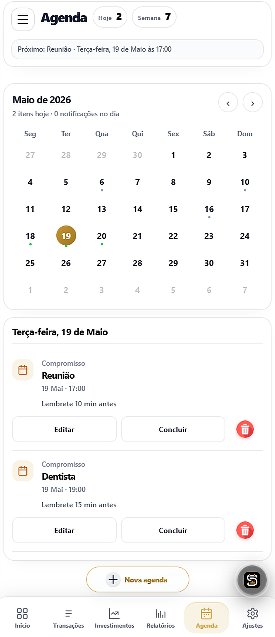 Tela de agenda do Severino