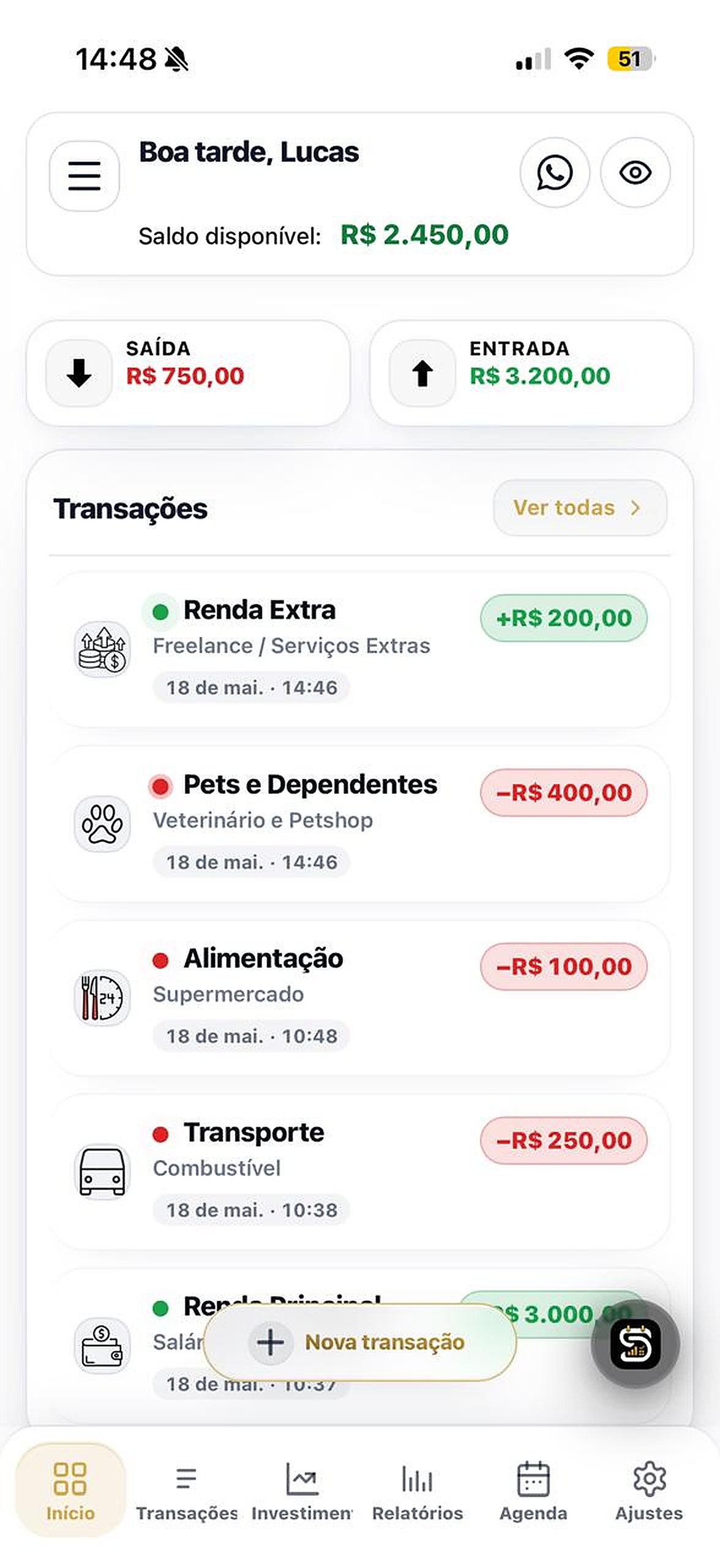 Painel do Severino com saldo, entradas e saídas