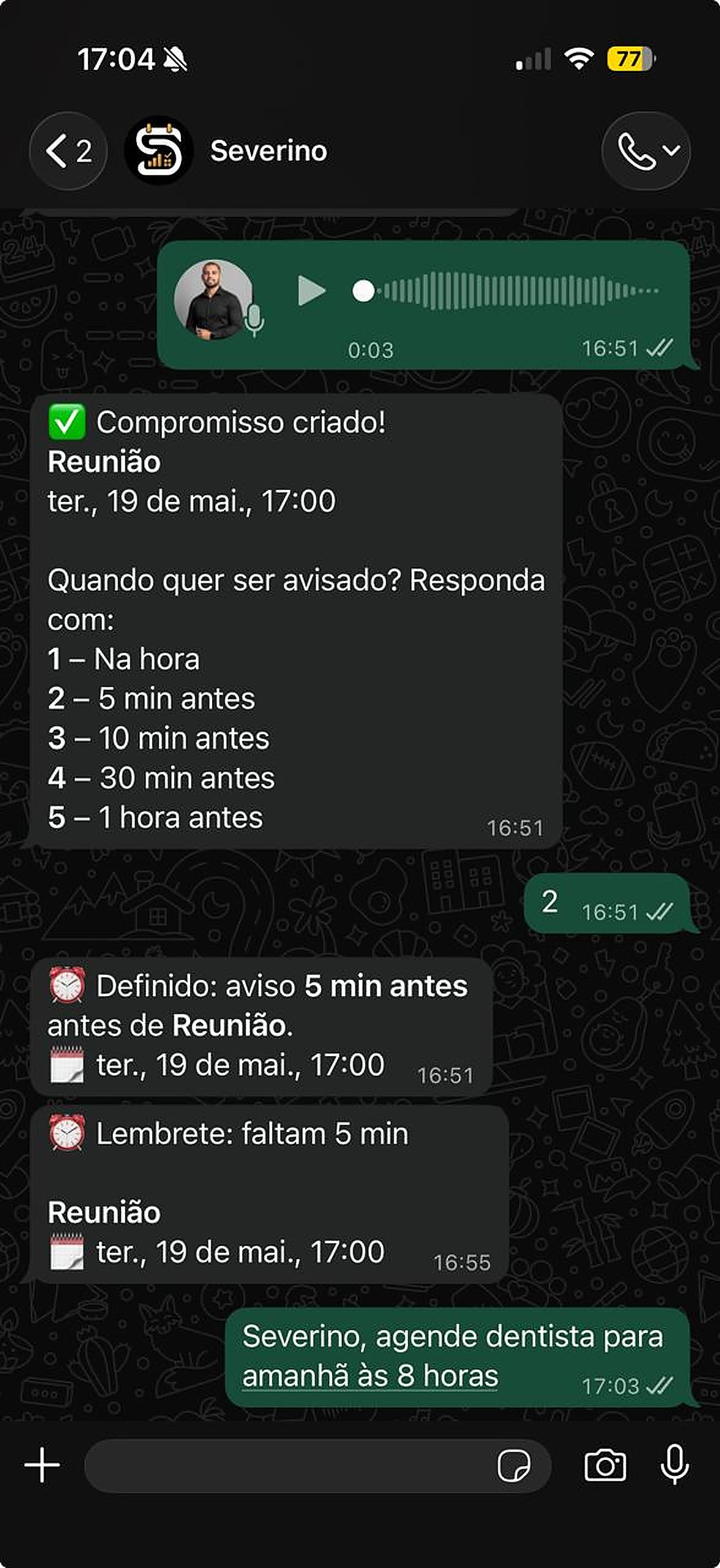 WhatsApp do Severino criando compromisso