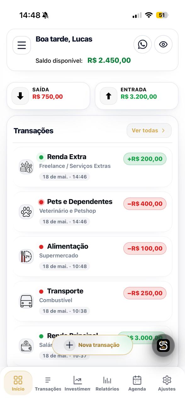 Tela do Severino mostrando saldo disponível de R$2.450, saída de R$750, entrada de R$3.200 e lista de transações categorizadas.